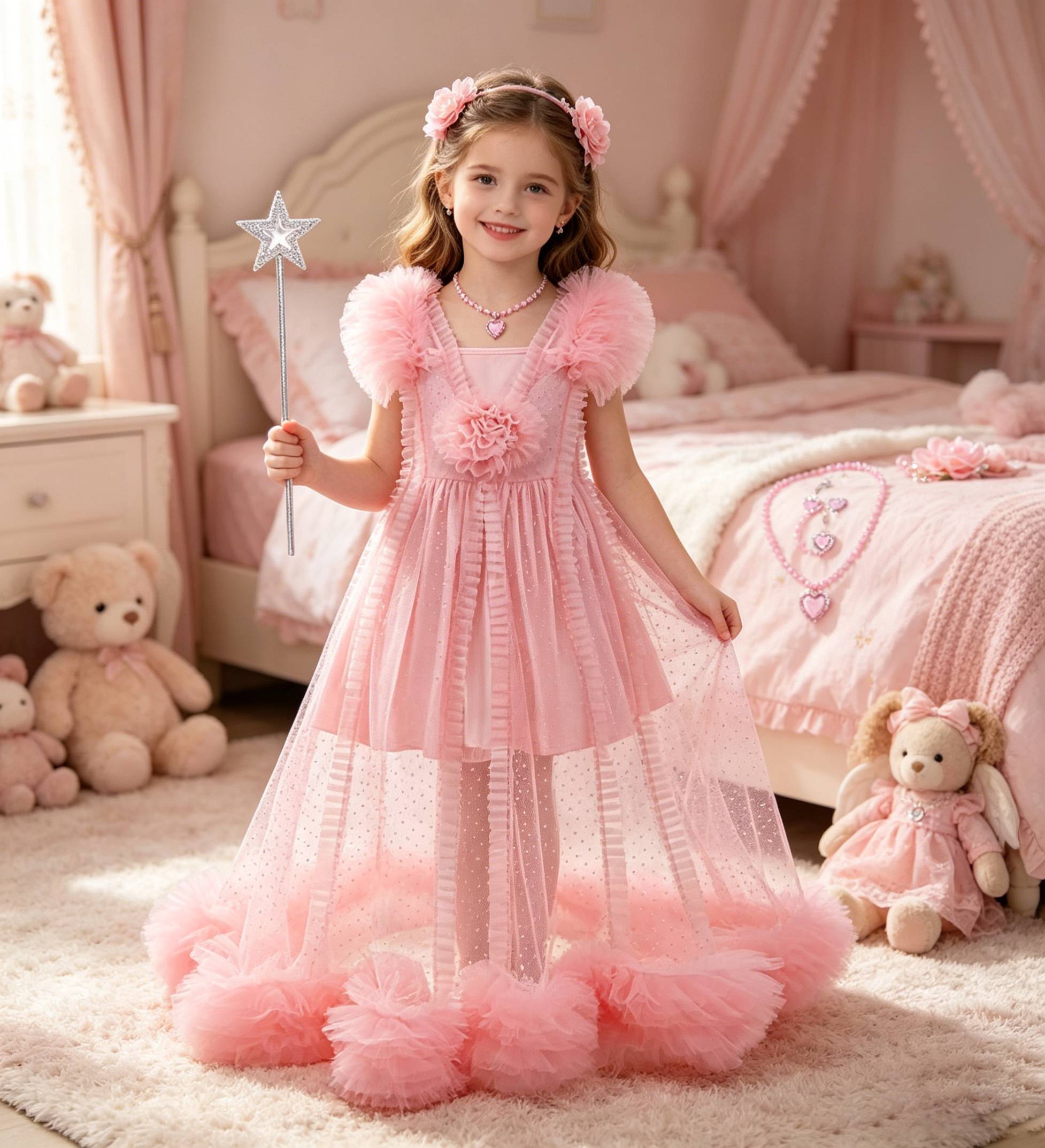 Summer Clothing For Kids Girls - فستان الأميرة جليندا الوردي للبنات، طقم