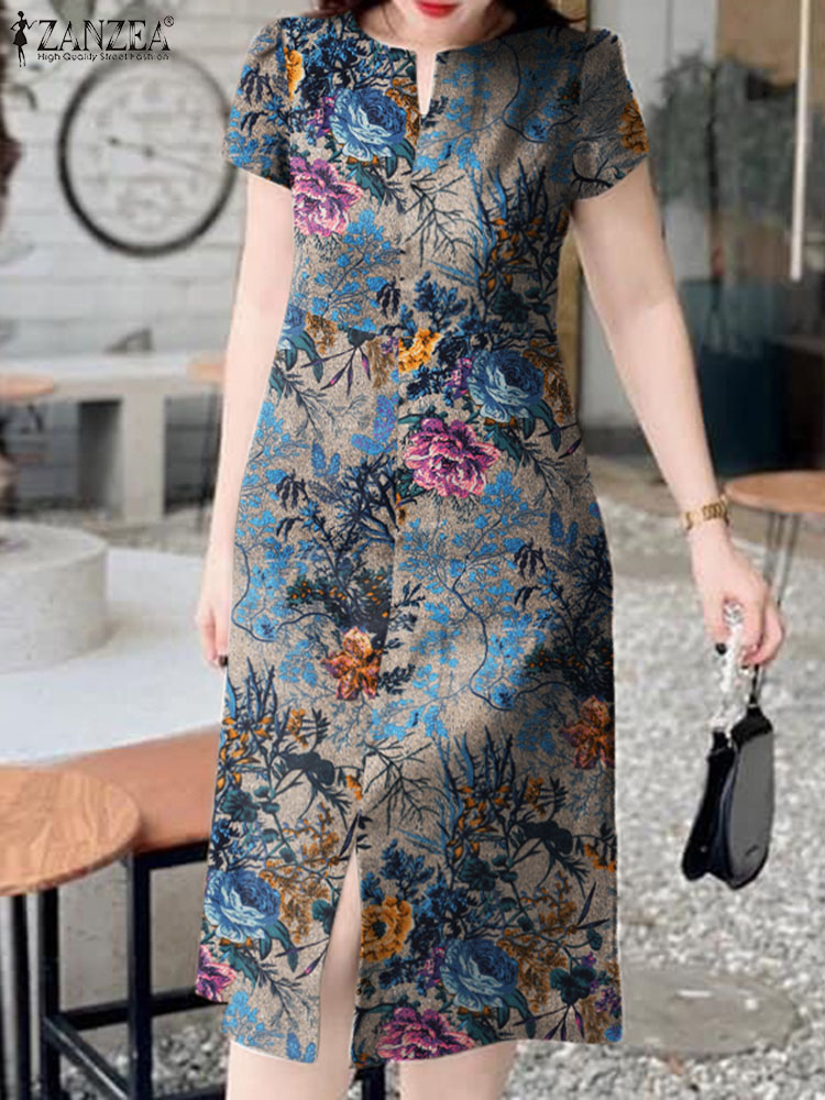 Sundress Midi Floral - Zanzea-فستان ميدي قصير الأكمام للنساء ،