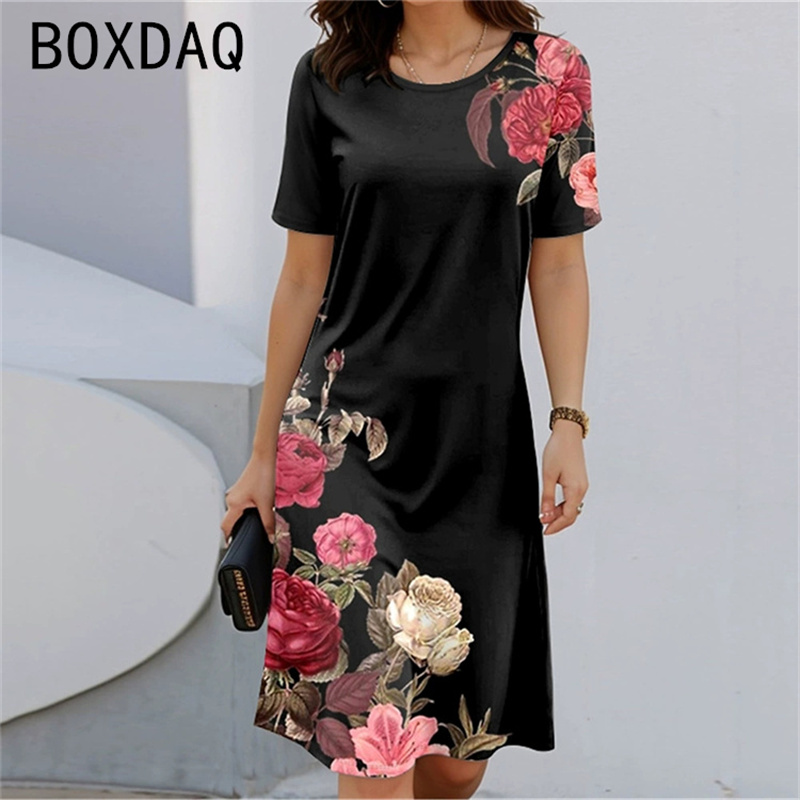 Sundress Midi Floral - فستان بوهيمي بأكمام قصيرة ورقبة مستديرة