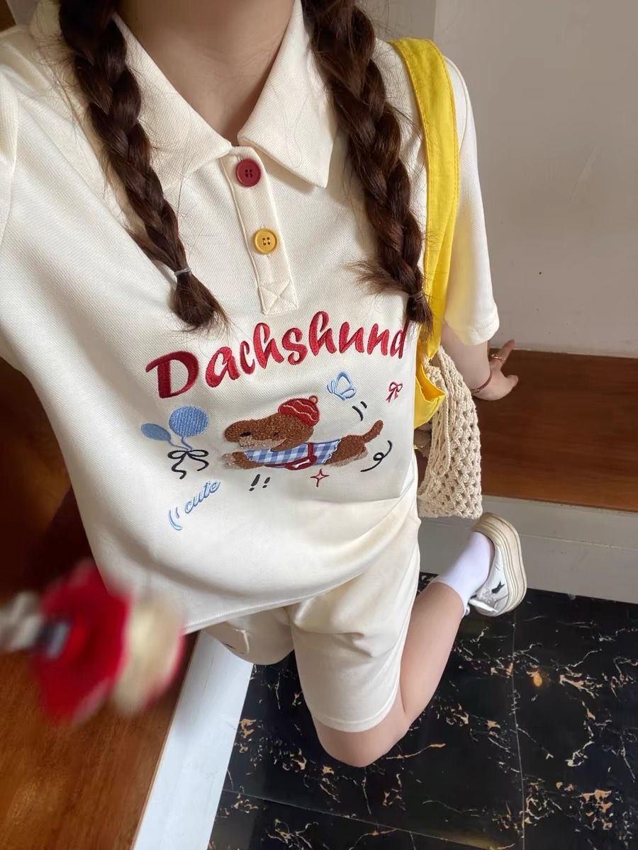 Summer Clothing Juniors - Kawaii التطريز الكلب اليابان نمط قميص