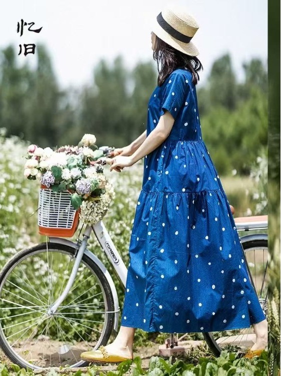 Summer Clothing Label - فستان أزرق من القطن الخالص بطبعة