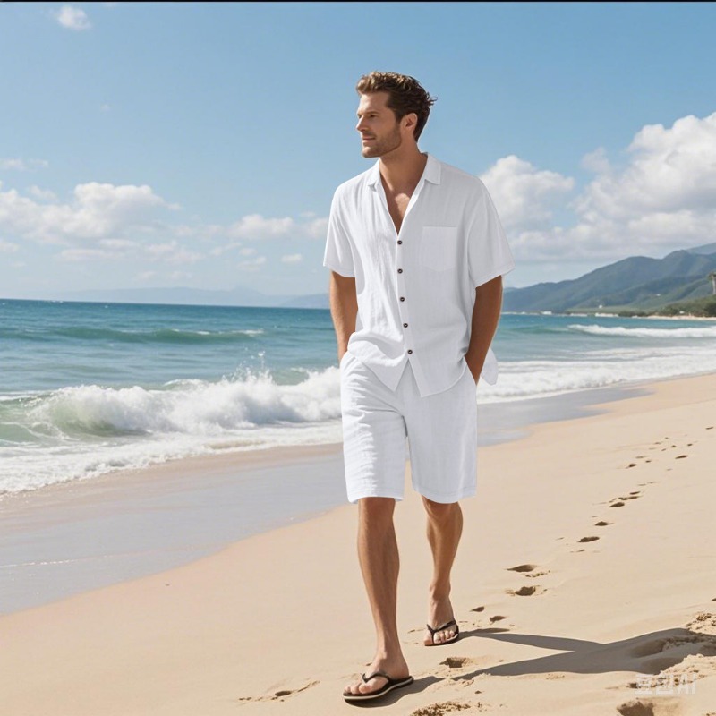 طقم قميص وشورت رجالي من مزيج ا - مراجعة Linen Shorts Men وسعره