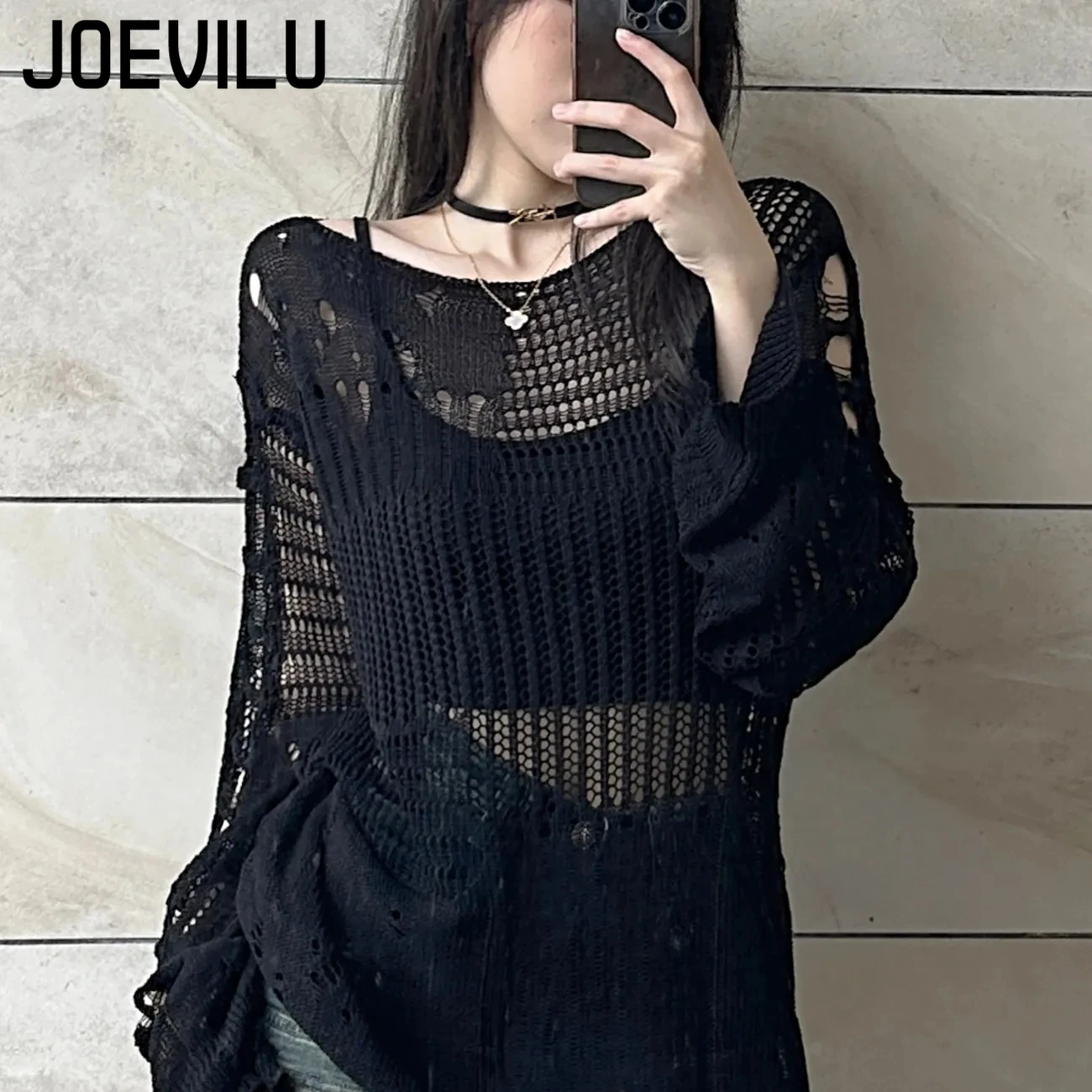 JOEVILU بلوزة متماسكة مجوفة صي - مراجعة Summer Goth Clothing وسعره